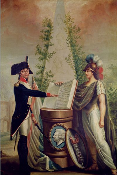 Een officier van de Nationale Garde legt een eed van trouw af voor het altaar van de Grondwet en de Verklaring van de Rechten van de Mens door French School
